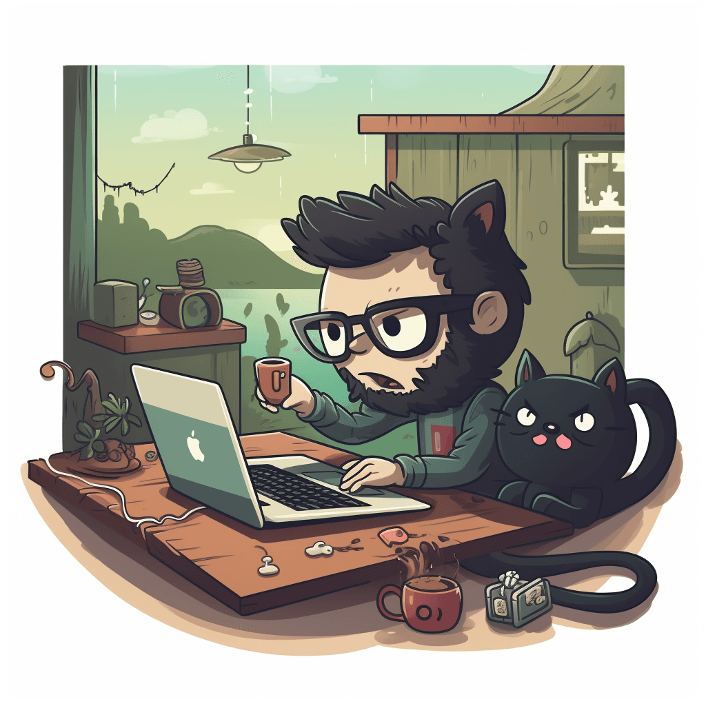 a hairy developer holding a coffee cup looking shocked at the macbook computer, with a black cat beside him